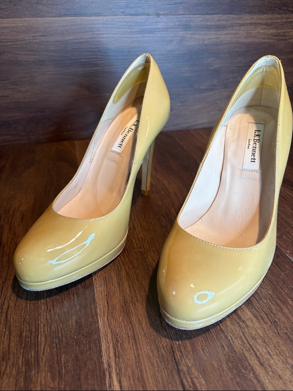 LK Bennett Yellow/Olive Patent Platform Pumps